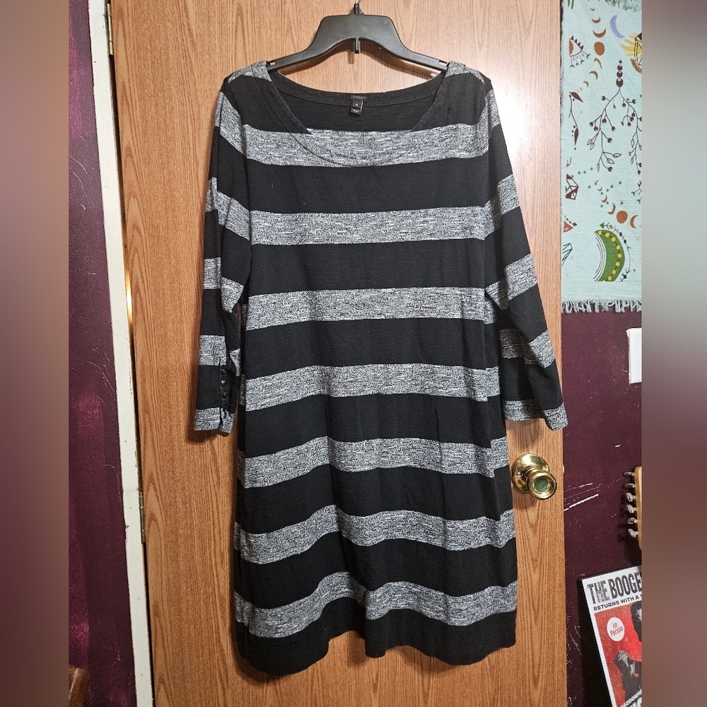 J Crew Shift Dress Womens XL Black Gray Stripe 3/4 Slv Cotton Knit Casual Preppy